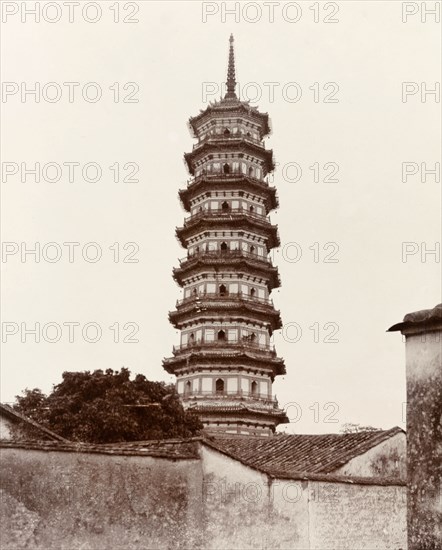 The Flower Pagoda at Canton. View of the ornamental Flower Pagoda, the most prominent architectural feature of the Buddhist Temple of the Six Banyan Trees. Canton, Canton Province (Guangzhou, Guangdong), China, circa 1905. Guangzhou, Guangdong, China, People's Republic of, Eastern Asia, Asia.