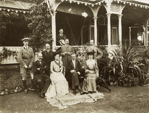Sir Arthur Lawley, Joseph Chamberlain and guests. Outdoors portrait of Sir Arthur Lawley (1860-1932), Lieutenant Governor of the Transvaal, and Joseph Chamberlain (1836-1914), British Colonial Secretary, seated with their wives and accompanied by guests outside Government House. Pretoria, South Africa, 4 January 1903. Pretoria, Gauteng, South Africa, Southern Africa, Africa.