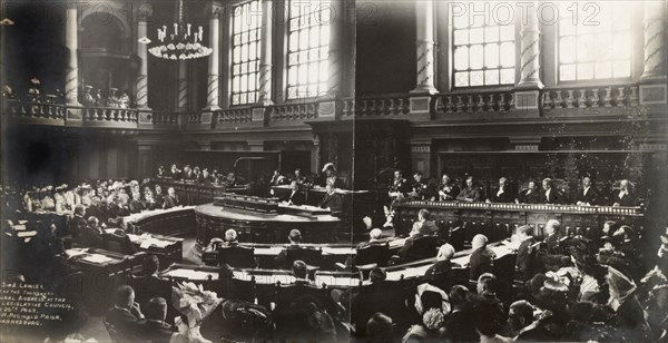 Opening of the Legislative Council in Pretoria. Sir Arthur Lawley (1860-1932), Lieutenant Governor of the Transvaal, delivers the inaugural address at the opening of the first Legislative Council of the Transvaal. The meeting took place inside the Ou Raadsaal (Old Council Chamber). Pretoria, South Africa, 20 May 1903. Pretoria, Gauteng, South Africa, Southern Africa, Africa.