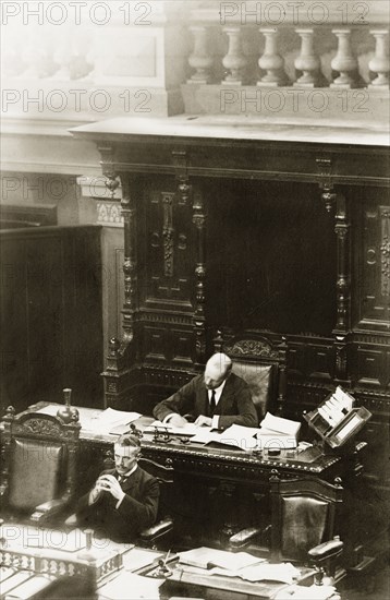 Sir Arthur Lawley at Legislative Council meeting. Sir Arthur Lawley (1860-1932), Lieutenant Governor of the Transvaal, presides over a meeting of the Legislative Council at the Ou Raadsaal (Old Council Chamber). Pretoria, South Africa, circa 1903. Pretoria, Gauteng, South Africa, Southern Africa, Africa.