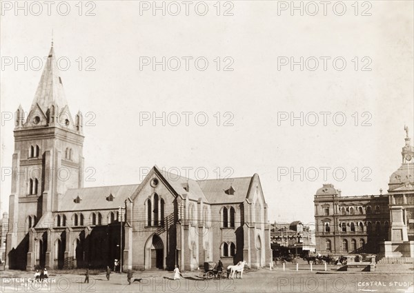Dutch colonial church. Exterior view of a Dutch colonial church, with a square tower at the east end and a projecting portico. Pretoria, South Africa, circa 1903. Pretoria, Gauteng, South Africa, Southern Africa, Africa.