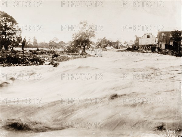 Flooding in Bloemfontein. A burst dam resulting from freak rainfall causes a flood to rampage down a street in Bloemfontein, sweeping away buildings in its path. 176 buildings and shops were destroyed by the flood, and approximately 25 people lost their lives. Bloemfontein, South Africa, 17 January 1904. Bloemfontein, Free State, South Africa, Southern Africa, Africa.
