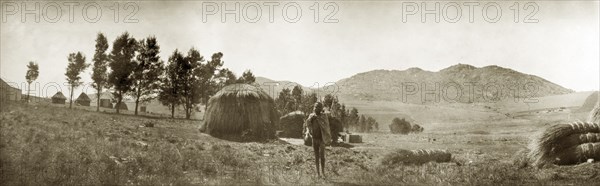 Zulu police camp. A Zulu police camp at Embabaan, who were recruited by the British to help control Swaziland. Embabaan (Mbabane), Swaziland,1904. Mbabane, Hhohho, Swaziland, Southern Africa, Africa.