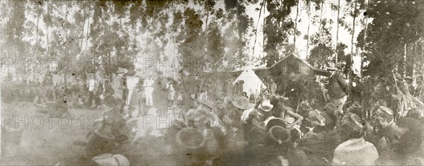 British officials meet the Queen Regent of Swaziland. Sir Arthur Lawley (1860-1932), Lieutenant Governor of the Transvaal, and other British officials attend an 'indaba' (council) with Labotsibeni Gwamile Mdluli, the Queen Regent of Swaziland. Near Mbabane, Swaziland, 24 August 1904. Mbabane, Hhohho, Swaziland, Southern Africa, Africa.