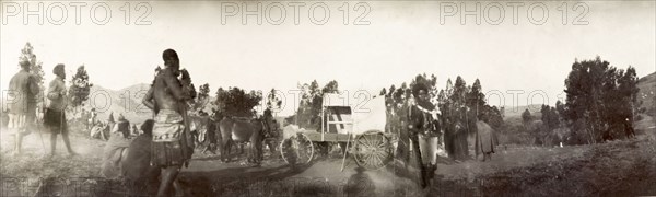 Carriage bestowed to the Queen Regent of Swaziland. A carriage bestowed to Labotsibeni Gwamile Mdluli, the Queen Regent of Swaziland, on behalf of Sir Arthur Lawley (1860-1932), Lieutenant Governor of the Transvaal, at an 'indaba' (council). Near Mbabane, Swaziland, 24 August 1904. Mbabane, Hhohho, Swaziland, Southern Africa, Africa.