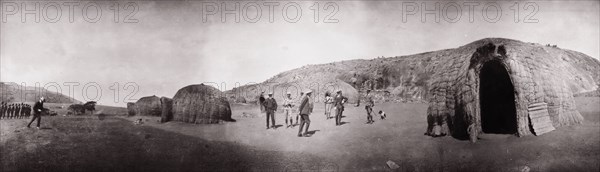 Zulu police camp. A Zulu police camp at Embabaan, containing a number of dome-shaped thatched dwellings. The Zulu police were recruited by the British to help control Swaziland. Embabaan (Mbabane), Swaziland, 1904. Mbabane, Hhohho, Swaziland, Southern Africa, Africa.