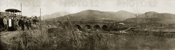 Bridge connecting Pilgrim's Rest and Lydenburg. Sir Arthur Lawley (1860-1932), Lieutenant Governor of the Transvaal, visits the construction site of a bridge being built to connect Pilgrim's Rest and Lydenburg. Pilgrim's Rest, Eastern Transvaal (Mpumalanga), South Africa, 1903. Pilgrim's Rest, Mpumalanga, South Africa, Southern Africa, Africa.