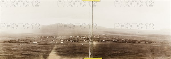 Panoramic view of Heidelberg. Panoramic view of the town of Heidelberg, situated at the foot of the Suikerbosrand mountain range. Heidelberg, Eastern Transvaal (Mpumalanga), South Africa, circa 1905. Heidelberg, Mpumalanga, South Africa, Southern Africa, Africa.