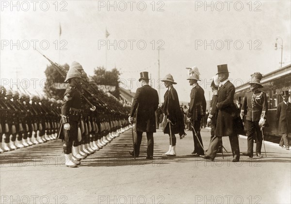 Lord Selbourne arrives in Pretoria. Lord Selbourne, the newly-appointed High Commissioner for South Africa, arrives in Pretoria to be met a guard of honour at a railway station. He is accompanied by Sir Arthur Lawley, Lieutenant Governor of the Transvaal, as he inspects the troops waiting on the platform. Pretoria, South Africa, 5 May 1905. South Africa, Southern Africa, Africa.