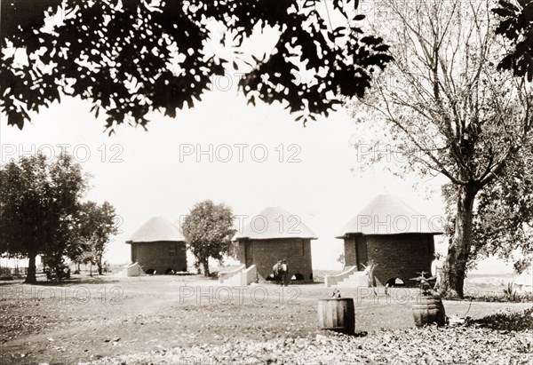 Housing for farm workers. Three 'rondavels' (round dwellings resembling traditional African huts), used as housing for farm labourers on a European-owned farm in South Africa. The dwellings are constructed from brick with thatched roofs, and are built off the ground, accessible by a short flight of steps. South Africa, circa 7 October 1905. South Africa, Southern Africa, Africa.