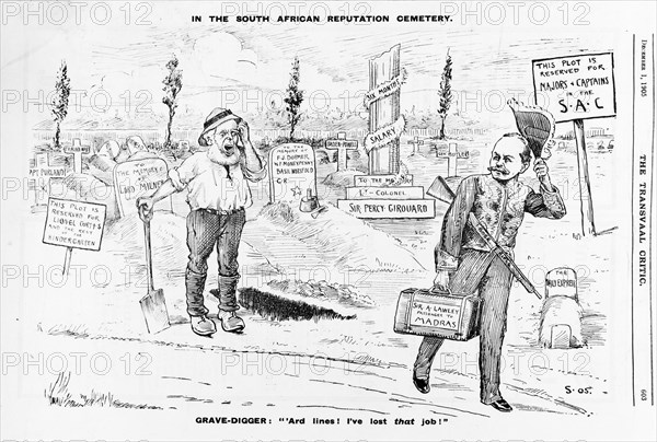 In the South African reputation cemetery'. A political cartoon published in the Tranvaal Critic is entitled 'In the South African reputation cemetery', and shows Sir Arthur Lawley, Lieutenant Governor of Transvaal, leaving South Africa for India to take up his new post as Governor of Madras. Other 'reputations' in the cemetery include Lord Milner, Sir Percy Girouard, Lionel Curtis and 'Milner's Kindergarten'. South Africa, 1 December 1905. South Africa, Southern Africa, Africa.