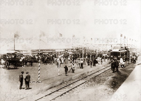 Opening of Mafeking to Bulawayo railway. The official opening ceremony of the railway from Mafeking (Mafikeng) to Bulawayo, presided over by Sir Alfred Milner. The arrival of the railway at Bulawayo was speeded up following the Matabele (Ndebele) rebellion of 1896-7. Bulawayo, Rhodesia (Zimbabwe), 4 November 1897. Bulawayo, Matabeleland North, Zimbabwe, Southern Africa, Africa.