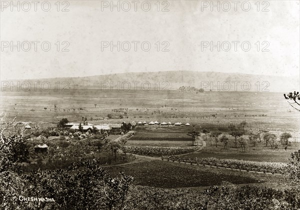 European farmstead in Mashonaland. View of 'Cheshwasha', a European farmstead in Mashonaland, looking over the plains and to the mountain range beyond. Mashonaland East, Rhodesia (Zimbabwe), circa 1900., Mashonaland East, Zimbabwe, Southern Africa, Africa.