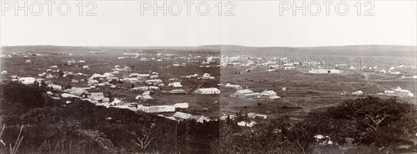 Panorama of Salisbury, Rhodesia. Panoramic view overlooking Salisbury, dotted with colonial-style buildings. Salisbury, Rhodesia (Harare, Zimbabwe), circa 1900. Harare, Harare City, Zimbabwe, Southern Africa, Africa.