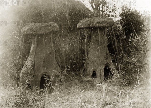 Copper ore furnaces. Two mushroom-shaped clay furnaces, used for smelting copper ore. Rhodesia (Zimbabwe), circa 1897. Zimbabwe, Southern Africa, Africa.