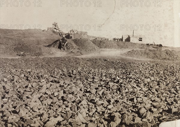 Blue ground' at De Beers diamond mines. View across 'blue ground' (nonoxidized kimberlite) looking towards mine workings at the De Beers diamond mine. Kimberley, South Africa, circa 1896. Kimberley, North Cape, South Africa, Southern Africa, Africa.