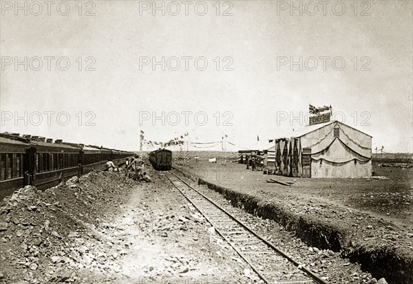 The Mafeking to Bulawayo railway. The Mafeking to Bulawayo railway line, pictured shortly before its official opening ceremony. The arrival of the railway at Bulawayo was speeded up following the Matabele (Ndebele) rebellion of 1896-7. The line was opened by Sir Alfred Milner on 4 November 1897. Bulawayo, Rhodesia (Zimbabwe), circa October 1897. Bulawayo, Matabeleland North, Zimbabwe, Southern Africa, Africa.