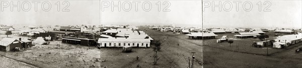 Main street of Bulawayo. Panoramic view of the main street running through Bulawayo. The road is wide to allow teams of oxen pulling carriages and wagons to turn round. Bulawayo, Rhodesia (Zimbabwe), circa 1896. Bulawayo, Matabeleland North, Zimbabwe, Southern Africa, Africa.