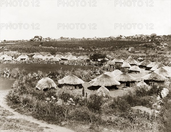 A Matabele village. A Matabele (Ndebele) village near Bulawayo. Matabeleland, Rhodesia (Matabeleland North, Zimbabwe), circa 1896. Bulawayo, Matabeleland North, Zimbabwe, Southern Africa, Africa.