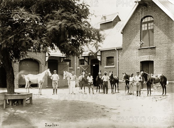 Stables at Government House, Bulawayo. Grooms line up in a row with horses outside the stables at Government House in Bulawayo. Bulawayo, Rhodesia (Zimbabwe), circa 1898. Bulawayo, Matabeleland North, Zimbabwe, Southern Africa, Africa.