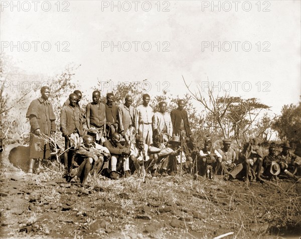 Matabele at an indaba with Cecil Rhodes. A group of Matabele (Ndebele) indunas (chiefs) are pictured during an indaba (council) with Cecil Rhodes. Rhodes and his comrades travelled unarmed into the Matapos Hills for three such indabas and successfully negotiated an end to the Matabele rebellion. Near Bulawayo, Rhodesia (Zimbabwe), circa August 1896., Matabeleland North, Zimbabwe, Southern Africa, Africa.