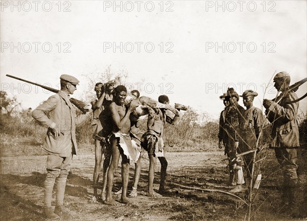 Major Lawley collects his lion. Major Richard Lawley (1856-1918), brother of Captain Arthur Lawley (1860-1932), stands with a rifle slung over his shoulder as a team of African porters carry the carcass of a lion he has shot during a hunting expedition. Near Bulawayo, Matabeleland, Rhodesia (Matabeleland North, Zimbabwe), circa August 1897., Matabeleland North, Zimbabwe, Southern Africa, Africa.