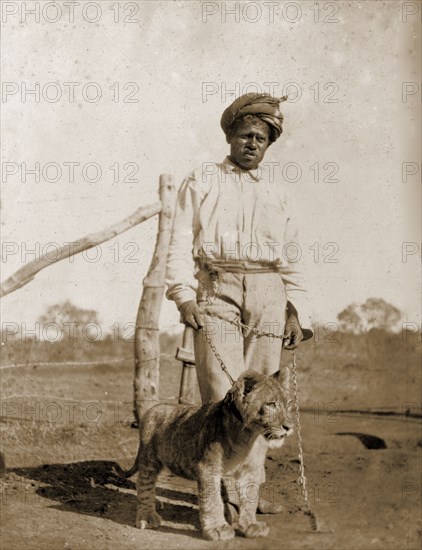 Servant with a pet lion cub. A turbaned servant poses for the camera, holding the chain leash of a pet lion cub at Home Farm. Probably Bulawayo, Rhodesia (Zimbabwe), circa 1897. Bulawayo, Matabeleland North, Zimbabwe, Southern Africa, Africa.