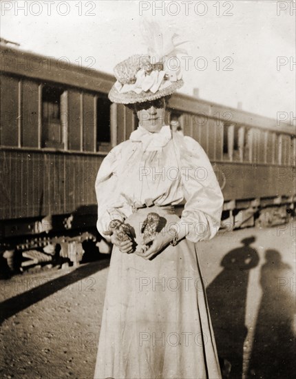Mrs Pease with two bush owls . A woman identified as Mrs Pease stands beside a stationary railway carriage in Bulawayo holding two small bush owls, one in each hand. She wears typical Victorian dress including a wide-brimmed floral hat. Bulawayo, Rhodesia (Zimbabwe), circa 1897. Bulawayo, Matabeleland North, Zimbabwe, Southern Africa, Africa.