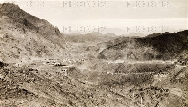 The Khyber Pass from Landi Khana. View from Landi Khana of the Khyber Pass, a strategically important route in the Safed Koh Mountains, connecting British India (now Pakistan) with Afghanistan. Landi Khana, North West Frontier Province, India (Federally Administered Tribal Areas, Pakistan), circa 1924. Landi Khana, Federally Administered Tribal Areas, Pakistan, Southern Asia, Asia.