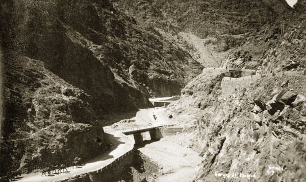 The gorge at Ali Masjid on the Khyber Pass. The gorge at Ali Masjid on the Khyber Pass, a strategically important route in the Safed Koh Mountains, connecting British India (now Pakistan) with Afghanistan. Ali Masjid, North West Frontier Province, India (Federally Administered Tribal Areas, Pakistan), circa 1924. Ali Masjid, Federally Administered Tribal Areas, Pakistan, Southern Asia, Asia.