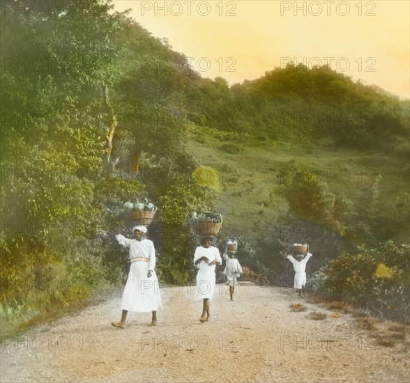 Transporting breadfruit in St Vincent. Women and children carry breadfruit along a country road in baskets balanced on their heads. St Vincent, circa 1910. St Vincent and the Grenadines, Caribbean, North America .