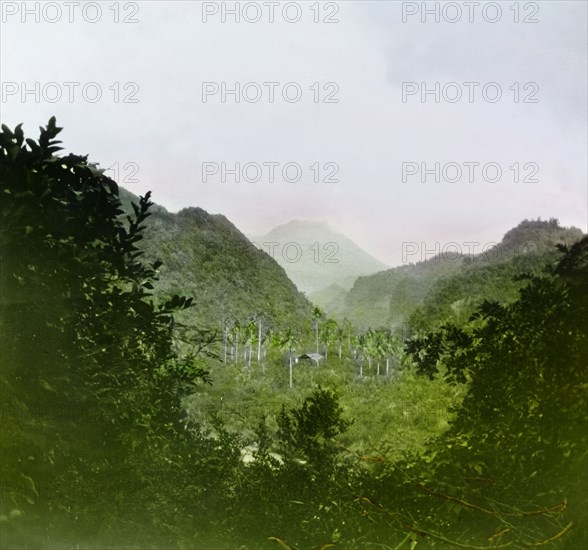 View across Roseau Valley. View of the mountainous terrain surrounding Roseau Valley. Near Roseau, St Andrew Parish, Dominica, circa 1910. Roseau, St Andrew (Dominica), Dominica, Caribbean, North America .