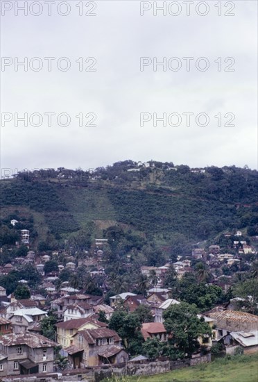 Fourah Bay. View over Fourah Bay, nestled in the foothills of a mountain. Freetown, Sierra Leone, circa 1960. Freetown, West (Sierra Leone), Sierra Leone, Western Africa, Africa.