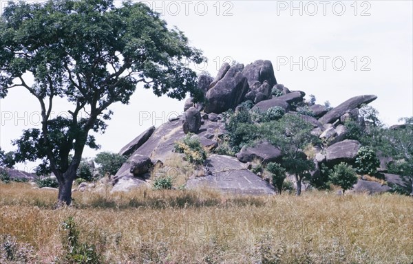 Jos Plateau, Nigeria. A granite rock outcrop at Jos Plateau. Jos, Plateau State, Nigeria, October 1963. Jos, Plateau (Nigeria), Nigeria, Western Africa, Africa.