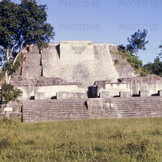 Temple at Altun Ha in Belize. The Temple of the Masonry Altars, located in the ruined Mayan city of Altun Ha. Belize District, Belize, circa 1975., Belize, Belize, Central America, North America .