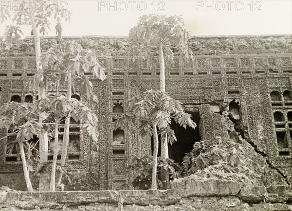 Ruins of a mansion on Lamu Island. The ruins of an Arab mansion at Shela on Lamu Island, featuring decorative Islamic architecture. Lamu, Kenya, 1947. Lamu, Coast, Kenya, Eastern Africa, Africa.