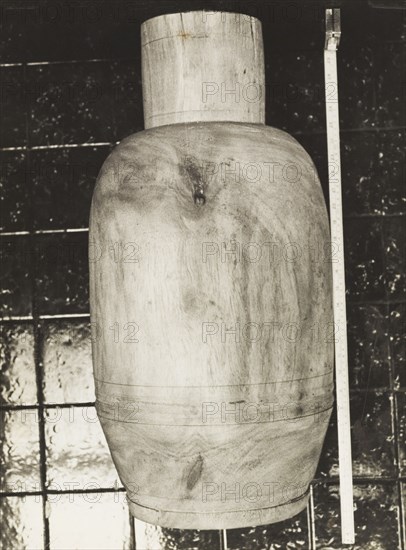 The completed shell of an atumpan drum. The completed shell of an atumpan drum, carved by hand and finished on a factory lathe. Ghana, circa 1965. Ghana, Western Africa, Africa.