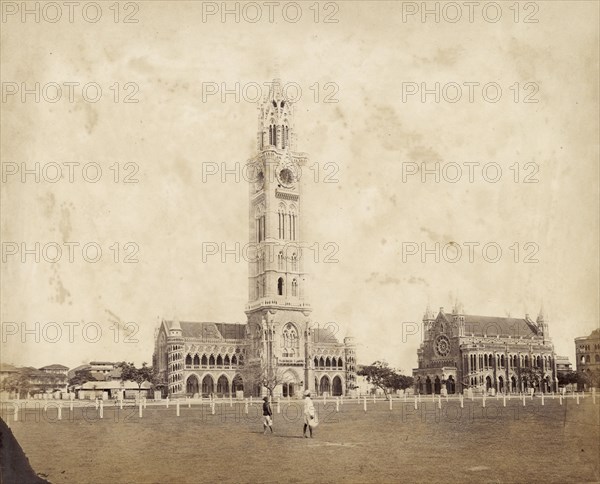 The Rajabai clock tower. View of the Gothic-style Rajabai clock tower at the University of Bombay's Fort Campus. Completed in 1878, it was designed by British architect, Sir George Gilbert Scott (1811-1878), and was modelled on London's 'Big Ben'. Bombay (Mumbai), India, circa 1883. Bombay (Mumbai), India, circa 1883. Mumbai, Maharashtra, India, Southern Asia, Asia.
