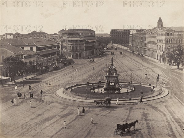 Rampart Row, Bombay. View of a roundabout with a statue centrepiece at Rampart Row, taken from the Cathedral High School. Bombay (Mumbai), India, circa 1883. Mumbai, Maharashtra, India, Southern Asia, Asia.