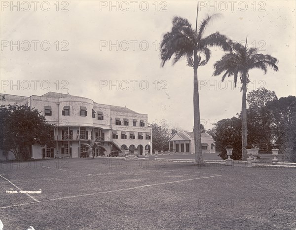 Government House, Barbados. View of the facade and recreational grounds of Government House in Barbados. Barbados, circa 1896. Barbados, Caribbean, North America .