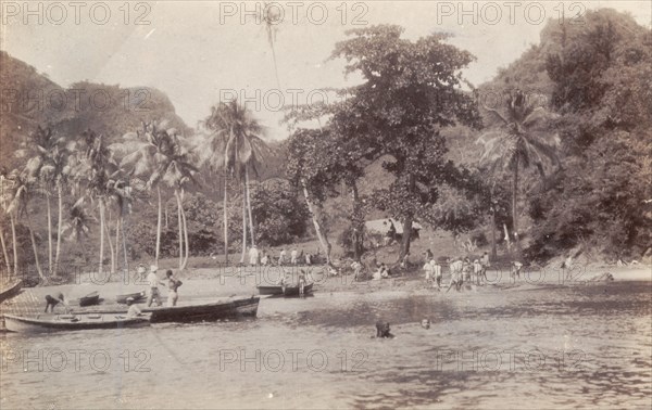 A beach unaffected by the Mount Pelee eruption. A Martinique beach, seemingly unaffected by the devastating eruption of Mount Pelee on 8 May 1902, which destroyed the city of St Pierre and killed around 29,000 people. Martinique, circa May 1902., Martinique (France), Caribbean, North America .