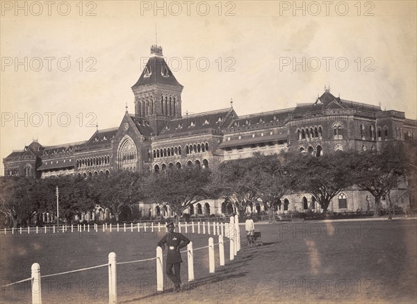 The Secretariat Building, Bombay. The grandiose Secretariat Building in Bombay, designed and built between 1865 and 1874 by Colonel Henry St Clair Wilkins and planners, Sir Henry Bartle and Edward Frere. Constructed in Venetian Gothic style, the building now serves as the city's civil and sessions court. Bombay (Mumbai), Maharashtra, India, circa 1883. Mumbai, Maharashtra, India, Southern Asia, Asia.