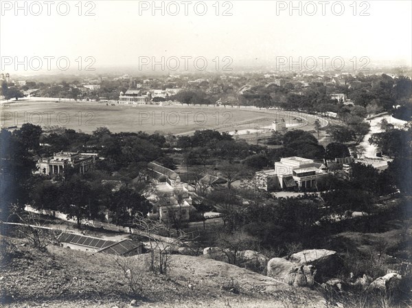 Hyderabad racecourse. View over Hyderabad racecourse. Hyderabad, Andhra Pradesh, India, circa 1880. India, Southern Asia, Asia.