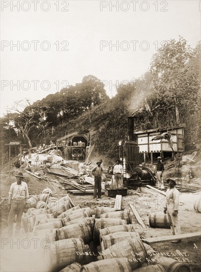 Railway tunnel 'No. 10'. Labourers work on the construction of railway tunnel 'No. 10', which would later house a stretch of track on the Port Antonio extension line. Portland, Jamaica, circa 1895., Portland, Jamaica, Caribbean, North America .
