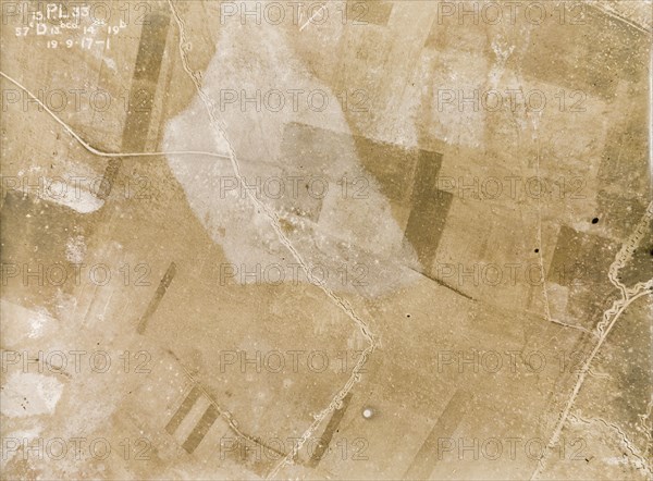 Aerial view of no man's land. One of a series of British aerial reconnaissance photographs recording the positions of trenches on the Western Front during the First World War. A stretch of no man's land sits between British (left) and German (right) front line trenches. An original caption indicates that batteries of gas projectors used for chemical warfare are located within the angle of the British trench. Nord-Pas de Calais or Picardie, France, 19 September 1917., Nord-Pas de Calais, France, Western Europe, Europe .