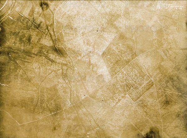 The Le Transloy-Loupart line in 1918. One of a series of British aerial reconnaissance photographs recording the positions of trenches on the Western Front during the First World War. Trenches and transport roads surround Loupart Wood (right of centre) at a section of the old Le Transloy-Loupart line, a trench system relinquished by the Germans in March 1917. Nord-Pas de Calais or Picardie, France, 18 March 1918., Nord-Pas de Calais, France, Western Europe, Europe .