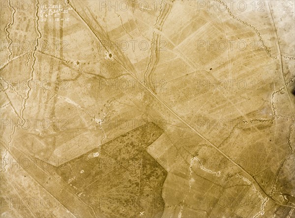 A trench system on the Western Front. One of a series of British aerial reconnaissance photographs recording the positions of trenches on the Western Front during the First World War. A system of trenches zig-zags its way across a patchwork of fields. The main road crossing the centre shows evidence of having been mined. Nord-Pas de Calais or Picardie, France, 30 January 1918., Nord-Pas de Calais, France, Western Europe, Europe .