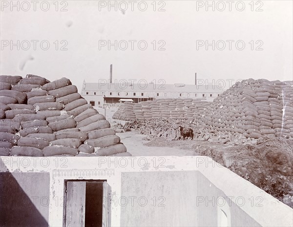 Sacks of cotton outside a factory in India. Sacks of cotton are piled high in a yard outside a cotton factory. India, circa 1940. India, Southern Asia, Asia.