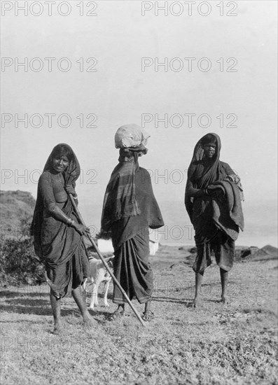 Indian women on a hilltop. Three traditionally dressed Indian women pose for a portrait on a hilltop. One holds a long stick, whilst another carries a bundle on her head. India, circa 1910. India, Southern Asia, Asia.