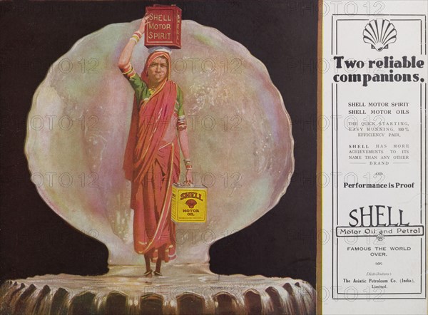 Two reliable companions'. Advertisement for Shell motor oil and motor spirit from the Asiatic Petroleum Co. (India) Limited. The illustration depicts an Indian woman in a sari standing inside an open cockle shell. She carries a can of motor spirit on her head and a can of motor oil in her hand. India, circa 1925. India, Southern Asia, Asia.